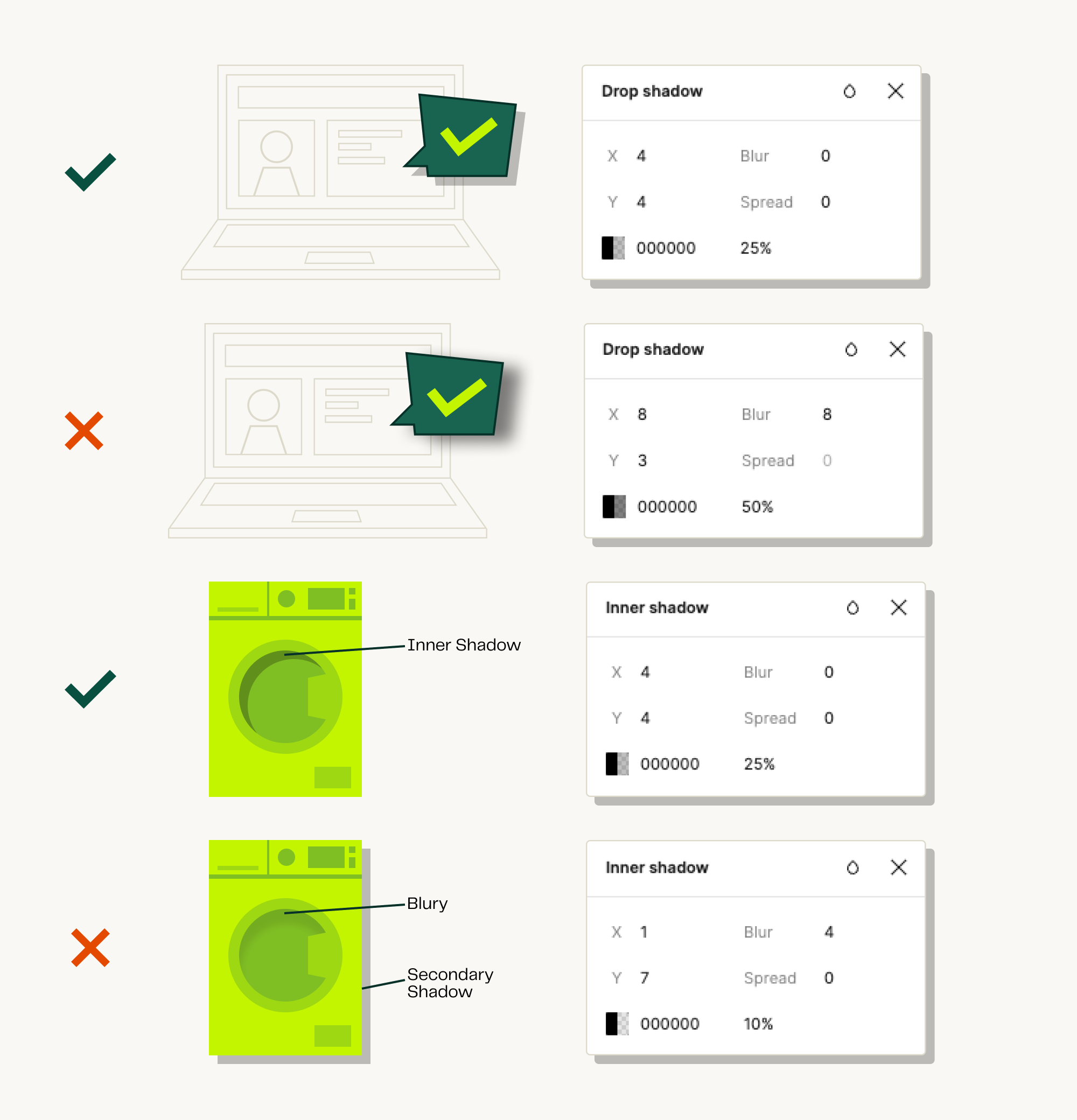 A table of proper shadow settings on Figma for Tinka illustrations. Avoid using soft shadows with blurry edges. Use a hard dropshadow with offset of 4px or higher on both the X and the Y axis. The value depends on the size of the illustration